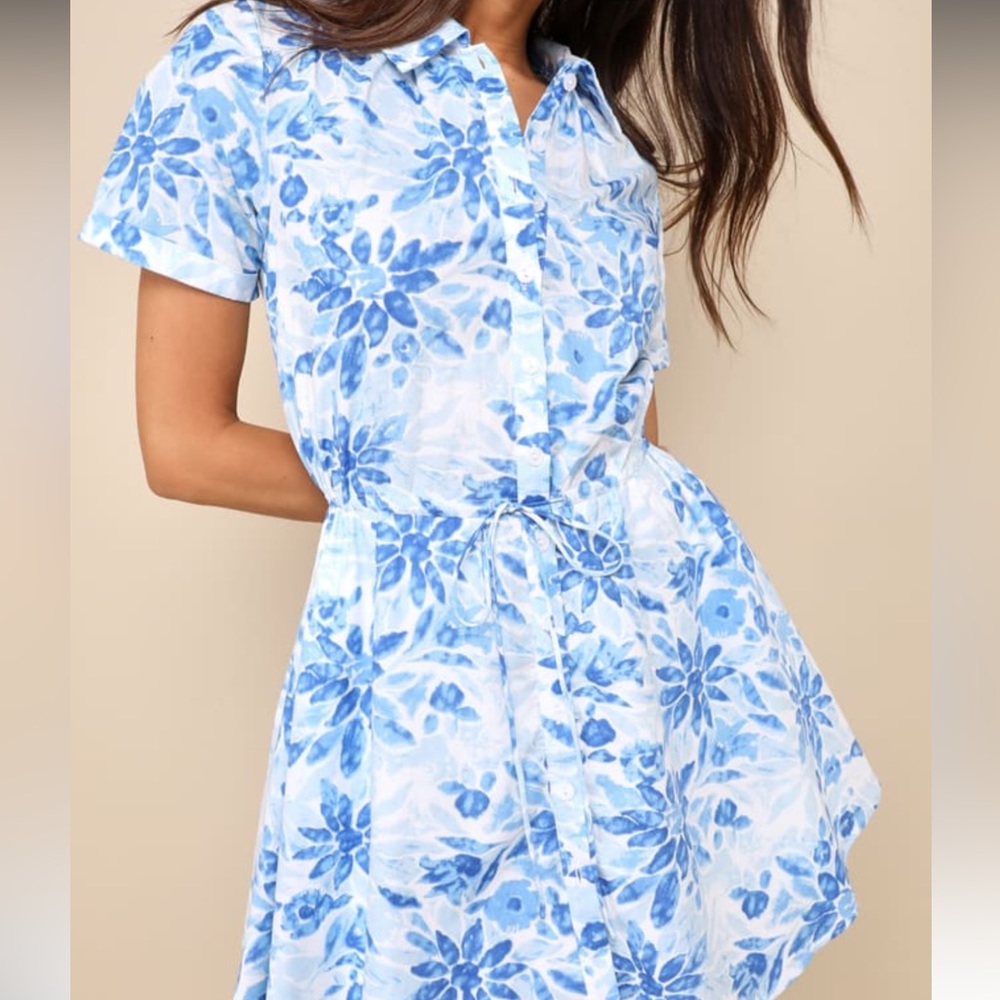 Lulu’s Sunny Charisma Blue Floral Button-Up Mini Dress With Pockets (S)
